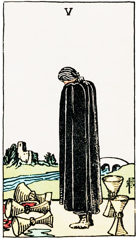 A E Waite and Pamela Colman Smith. <em>Waite-Smith Tarot</em> 1910. 78 cards. 12 × 7 cm each. Detail Five of Chalices. Image credit: Deborah Birch