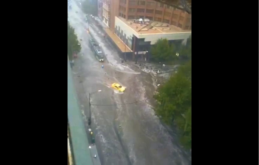 Still from footage titled <em>elizabeth st melbourne is a river</em>, posted to YouTube by troykm on 6 March 2010, youtu.be/j_QqvH_p6II, accessed 11 February 2015.